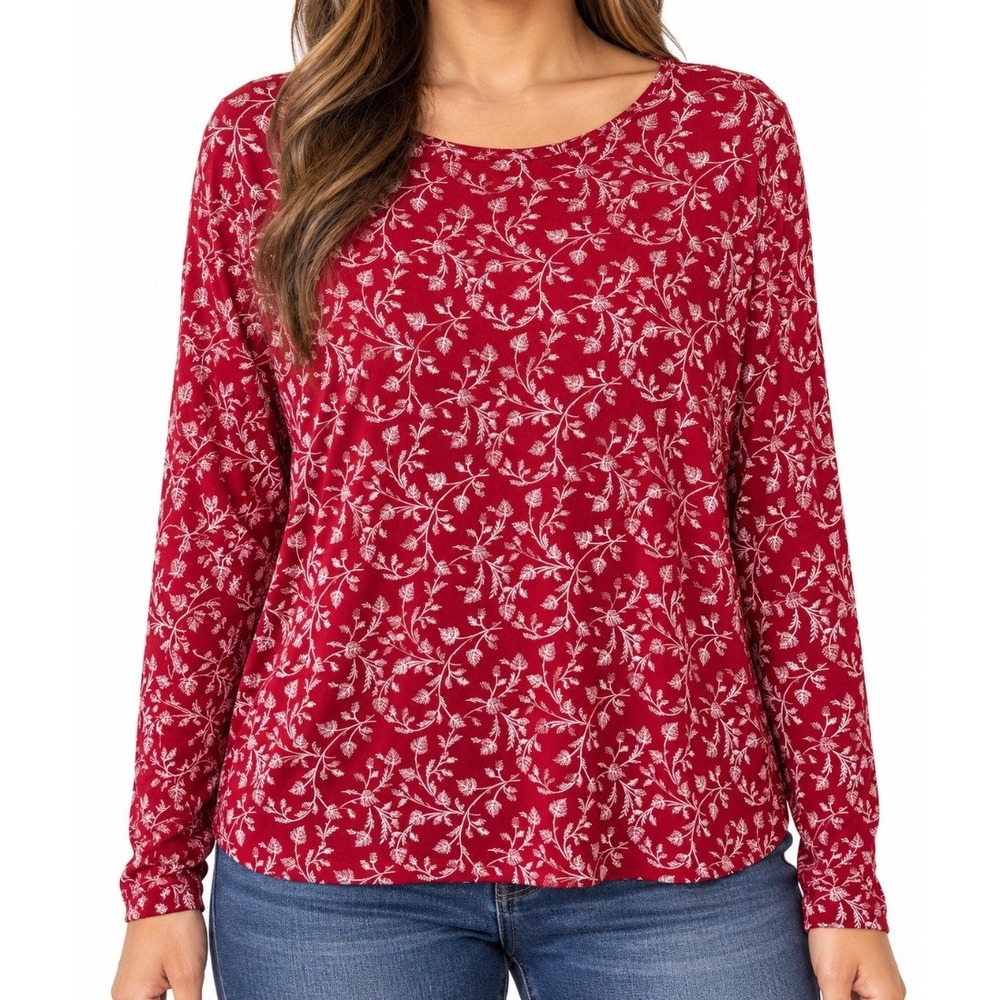 Croft Barrow Womens Plus 2X Red Floral Long Sleeve Classic Tee Blouse Top